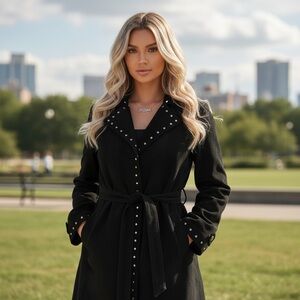 Vintage Y2K Express Black Suede Leather Studded Belted Trench Coat Size 5/6